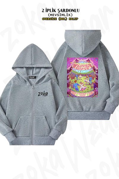 ZOKAWEAR Stardew Valley Flower Dance Pattern - Γκρι υπερμεγέθη ζακέτα με φερμουάρ και κουκούλα (2 κλωστές)