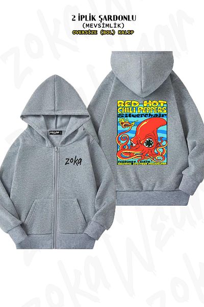 ZOKAWEAR Oversize Red Hot Chili Peppers v2 Πίσω στάμπα με φερμουάρ και γκρι ζακέτα (2 κλωστές)