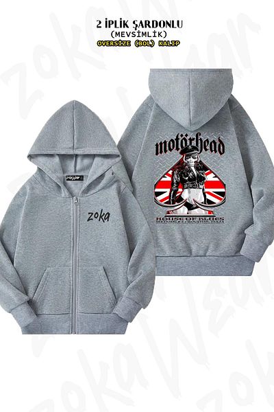 ZOKAWEAR Motörhead Spades Rock Back Printed - Γκρι ζακέτα με κουκούλα με φερμουάρ (2 κλωστές)