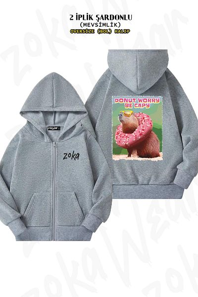 ZOKAWEAR Χαριτωμένη γκρι υπερμεγέθη ζακέτα Capybara - με στάμπα στην πλάτη, φερμουάρ και κουκούλα (2 κλωστές)