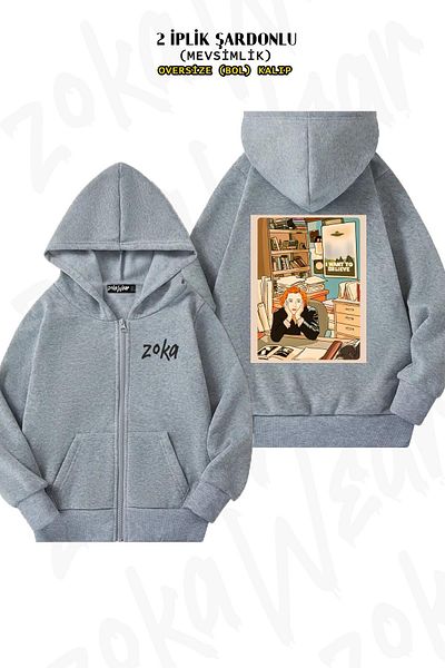ZOKAWEAR Ζακέτα με γκρι κουκούλα με στάμπα από δέρμα αγελάδας και πλάτη Mulder - με φερμουάρ, 2 κλωστές