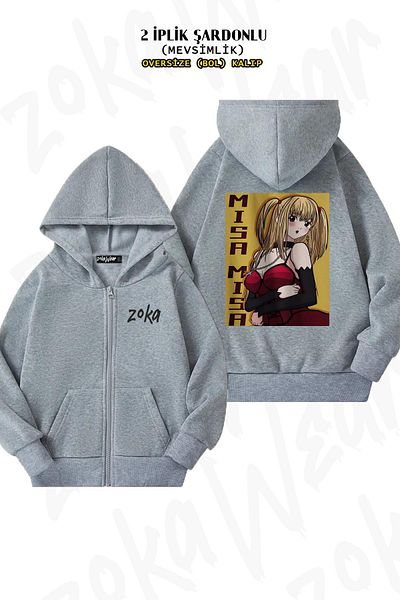 ZOKAWEAR Death Note Misa Amane Patterned - Γκρι υπερμεγέθη ζακέτα με φερμουάρ και κουκούλα (2 κλωστές)