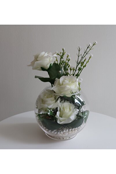 OBJE VİLANA HEDİYELİK/cam vazo beyaz gül kompozisyon/ev ofis dekorasyon/el ya...