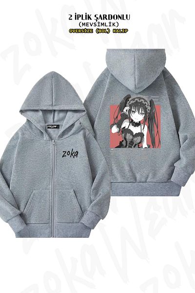 ZOKAWEAR Γκρι υπερμεγέθη ζακέτα με κουκούλα - Kurumi Tokisaki, στάμπα στην πλάτη, φερμουάρ (2 κλωστές)