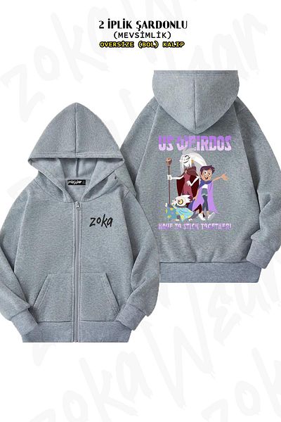 ZOKAWEAR US Weirdos - Oversize γκρι ζακέτα με κουκούλα με στάμπα στην πλάτη και φερμουάρ (2 κλωστές)