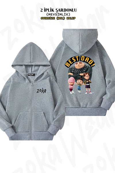 ZOKAWEAR Oversize Minions Father's Day Gru and Girls Back Printed Hoodie με φερμουάρ Γκρι ζακέτα (2 κλωστές)
