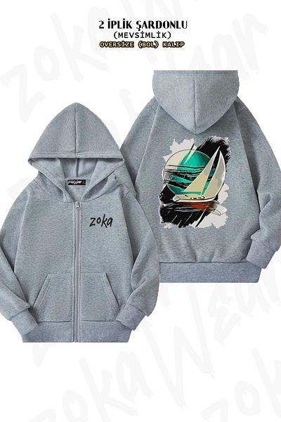 ZOKAWEAR Προσαρμοσμένη στάμπα στην πλάτη - Γκρι ζακέτα με κουκούλα με φερμουάρ (2 κλωστές)