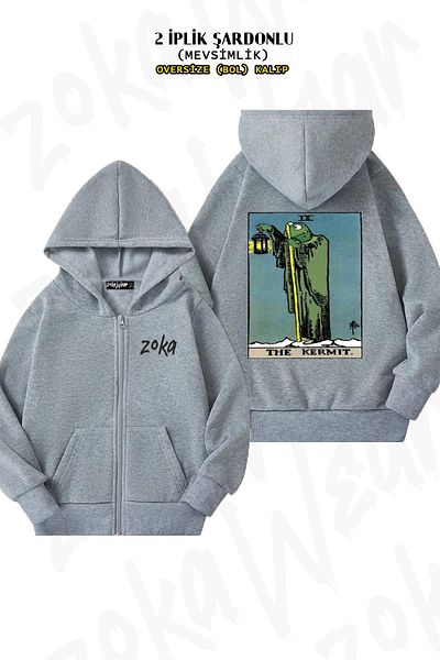 ZOKAWEAR Μοτίβο Ταρώ Kermit - Γκρι υπερμεγέθη ζακέτα με φερμουάρ και κουκούλα (2 κλωστές)