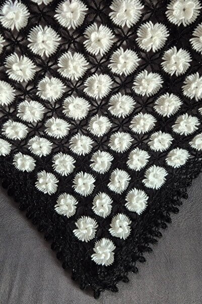 ATÖLYE MİLLA Black Shawl with White Puppy Flowers