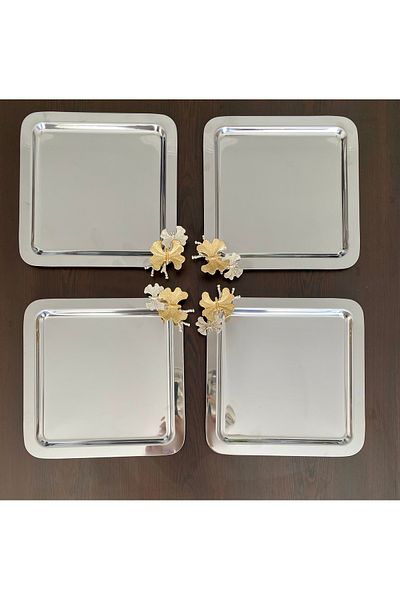 atabey home collection 6 قطع من صينية القهوة والشاي والعرض، صينية فضية معدنية مع ملحقات الفراشة