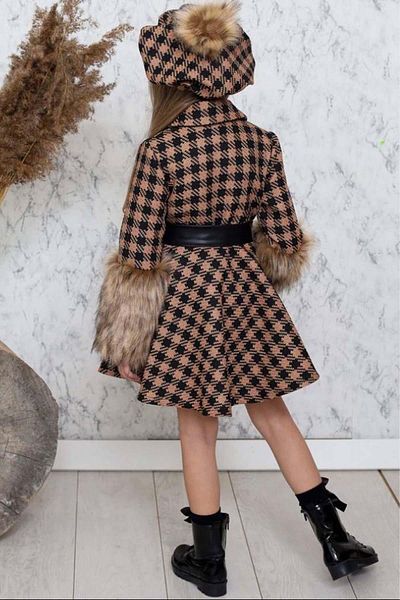Riccotarz Girls' Brown Coat with Leather Skirt and Sleeves Plush Square Pattern