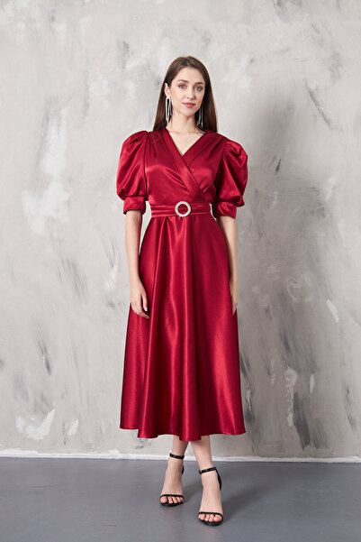 SEVGİHELLAÇ LAVİN kruvaze yaka kloş midi boy elbise