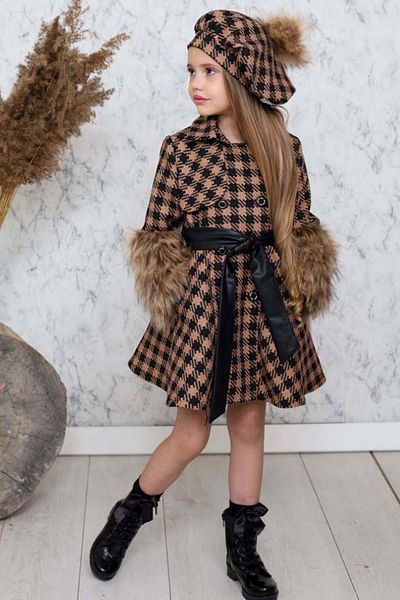Riccotarz Girls' Brown Coat with Leather Skirt and Sleeves Plush Square Pattern