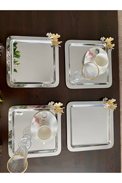atabey home collection 6 Pcs Coffee & Tea & Presentation Tray Metal Casting Silver Tray with Butterfly Accessories