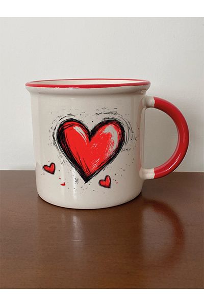 lili hediyelik Heart Printed Red Mug Cup Birthday Gift - Mother Father Gift