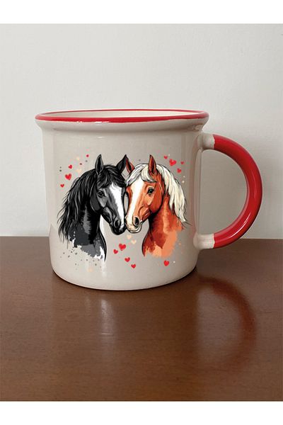 lili hediyelik Heart Horses Printed Mouth Red Mug Cup Birthday Gift