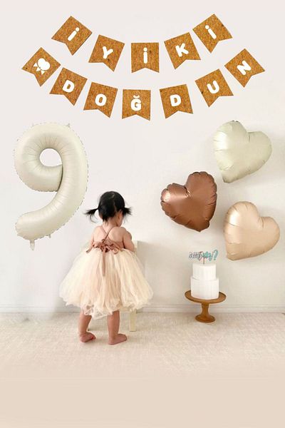 Atölye Mi 9 Years Birthday Kraft White Happy Birthday Banner 3Pcs Heart Balloon Decoration Set