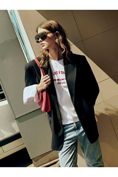 LC Waikiki Lacivert Çizgili Oversize Kadın Blazer Ceket