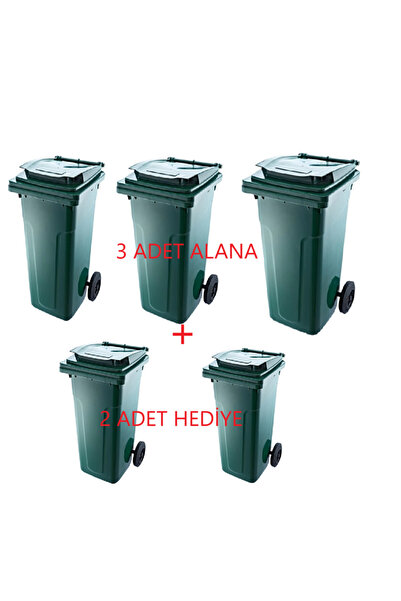 POMSTORE 3 + 2 HEDİYELİ Kapaklı Tutma Saplı Özel Çöp Konteyneri 120 Lt ( Yeşil ) Büyük Boy 5 ADET