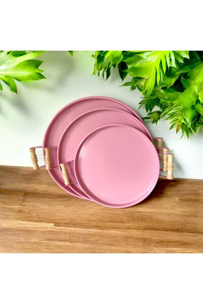 EceAksesuar مجموعة صينية بمقبض خشبي صينية شاي معدنية صينية قهوة عرض الإفطار م...