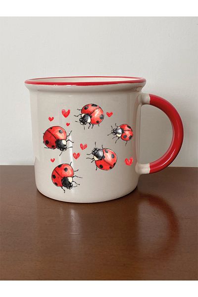 lili hediyelik Hearts and Ladybugs Printed Mouth Red Mug Cup Birthday Gift