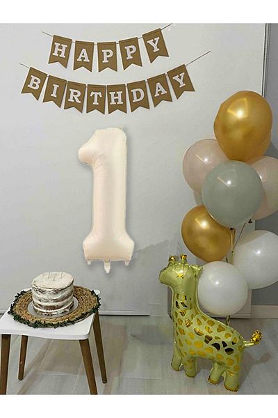 Atölye Mi 1 Year Old Balloon Set Birthday Balloon Ornament Set with Giraffe Balloon Happy Birthday Banner