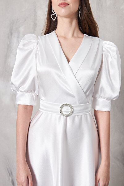 SEVGİHELLAÇ LAVİN kruvaze yaka kloş midi boy elbise