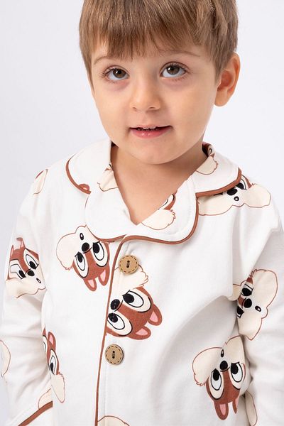 Minigimin Cicileri Unisex Children's 2-Piece Combed Cotton Suit - My Mini's Flowers, Squirrel Character, Buttoned - Ecru