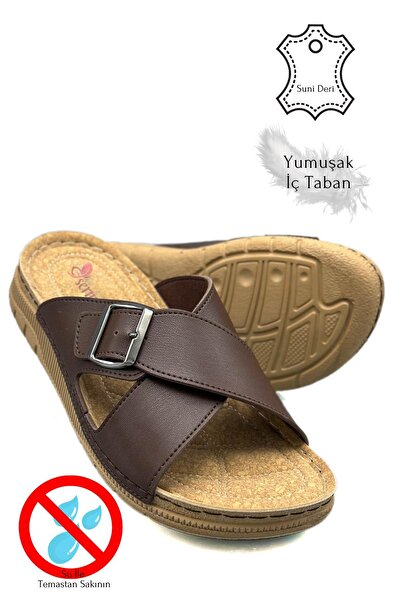 sermoda Cross Band Buckle Double Band Light Sole Faux Leather Men's Slippers 521 Brown