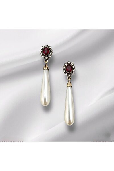 TMD AKSESUAR Rose Mounted Long Drop Pearl Earrings with Red Zirconia