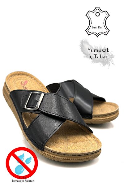 Moda Anna Ανδρικές παντόφλες από συνθετικό δέρμα με ελαφριά σόλα με διπλό λουράκι 521 Μαύρο