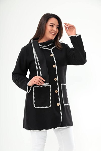 Cocona Kadın Büyük Beden Kaşe Şallı İşlemeli Kaban Siyah