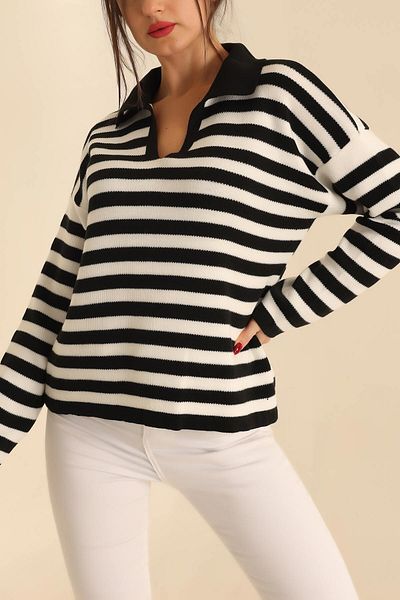 ribana Women's Polo Neck Striped Knitwear Sweater S 24120919