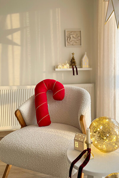 RİTMOHOME Gold Biyeli Baston Şeker Yılbaşı Yeni Yıl Dekoratif Yastık(İçi Dolg...
