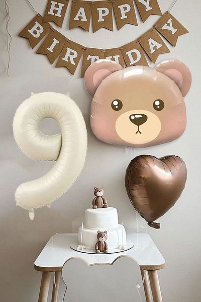 Atölye Mi 9 Years Old Birthday Teddy Bear Bear Themed Birthday Balloon Set