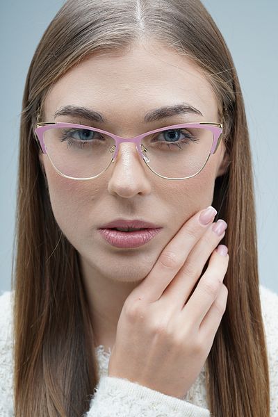 LOOKUP NEW Unisex Pink Gold Metal - Cat Eye Transparent Blue Glasses with Light Protection and Filter