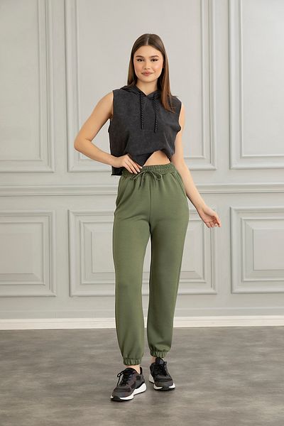 naymanlife Pantaloni de trening pentru femei, kaki, din țesătură modal, cu talie înaltă, cu buzunare duble, cu textura moale, cu detaliu din cauciuc