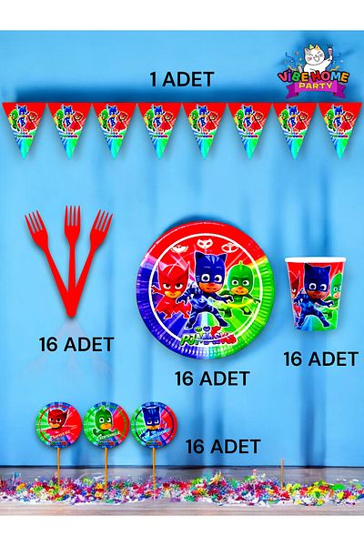 VibeHome Pijamask Themed Eco Set for 16 - Birthday Party and Fun Events