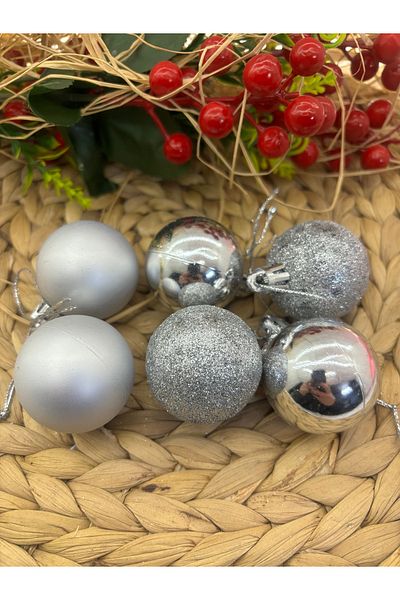 Deniz Party Store New Year's Silver Tree Ornament - Cici Top 4 cm 6 Pieces