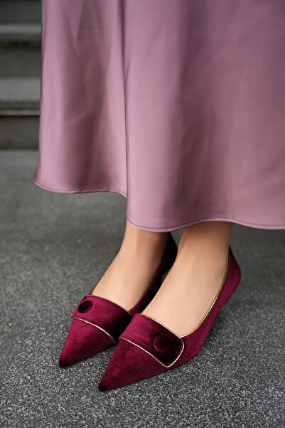 LAMİNTA Uliana Burgundy Velvet Pointed Toe Button Detailed Women's Heeled Shoes