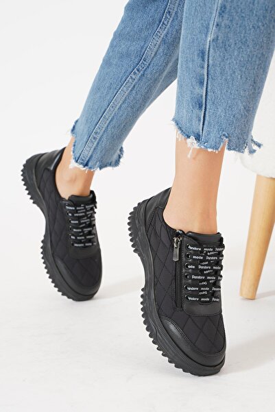Moda Pie Capitone Poret - Δεμένα Μαύρα Γυναικεία Αθλητικά Παπούτσια