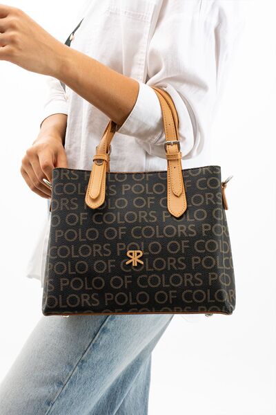 Çanta Trend Polo Of Colors Kadın Yazılı Monogram Siyah Camel Suni Deri El Aya...