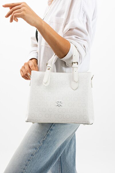 Çanta Trend Geantă Polo Of Colors pentru femei, cu monogramă scrisă, din piele artificială albă, cu curea reglabilă la mâna
