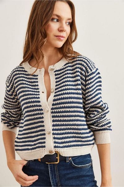 Leila Women's Silver Buttoned Striped Cardigan