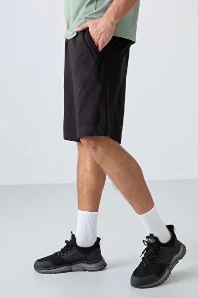 TOMMY LIFE Μαύρο βαμβακερό χοντρό ανδρικό σορτς με απαλή υφή Comfort Fit Basic - 81260