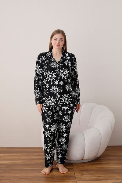 SEBOTEKS Snowflake Patterned Suede Button-Down Large Size Women's Pajamas Set 2121