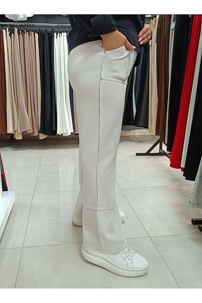 AKŞEN GİYİM Plus Size High Waist Full Licra Cupra Fabric Patch with Pockets and Parts Trend Palazzo Pant