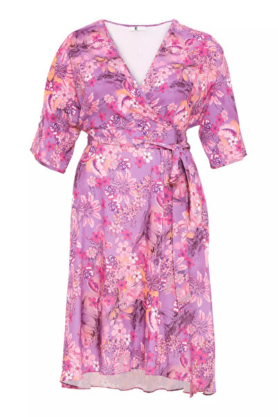 Keikei Desenli büyük beden saten kapri kol uzun elbise