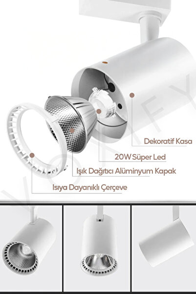 Voxify Raylı 3 Spotlu Aydınlatma Sistemi Beyaz Kasa Beyaz Işık Tavan Armatürü