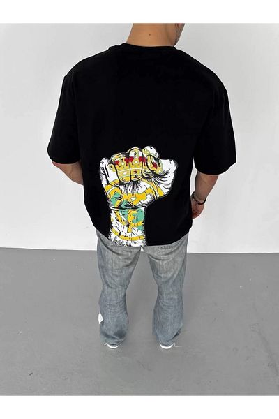 YALÇIN Unisex Crew Neck Printed Oversize T-Shirt - Black